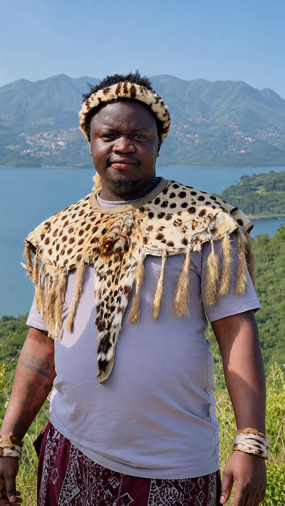 Dokotela Nyanganduna in traditional attire overlooking Nanda Dam
