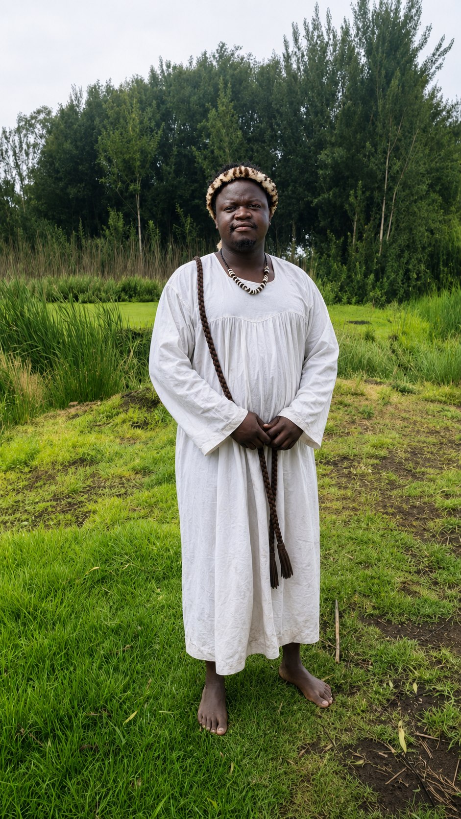 Dokotela Nyanganduna dressed in ceremonial white cloth outdoors
